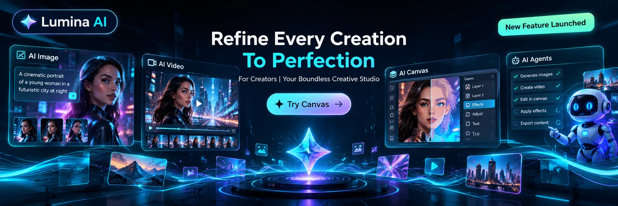 Lumina AI: AI Image, AI Video, AI Canvas and AI Agents in one creative studio