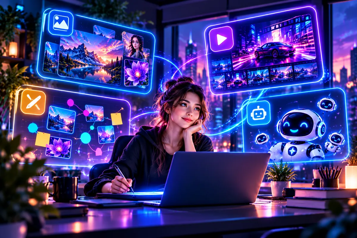 Creator at a laptop with floating panels for AI images, AI video, canvas and AI agents