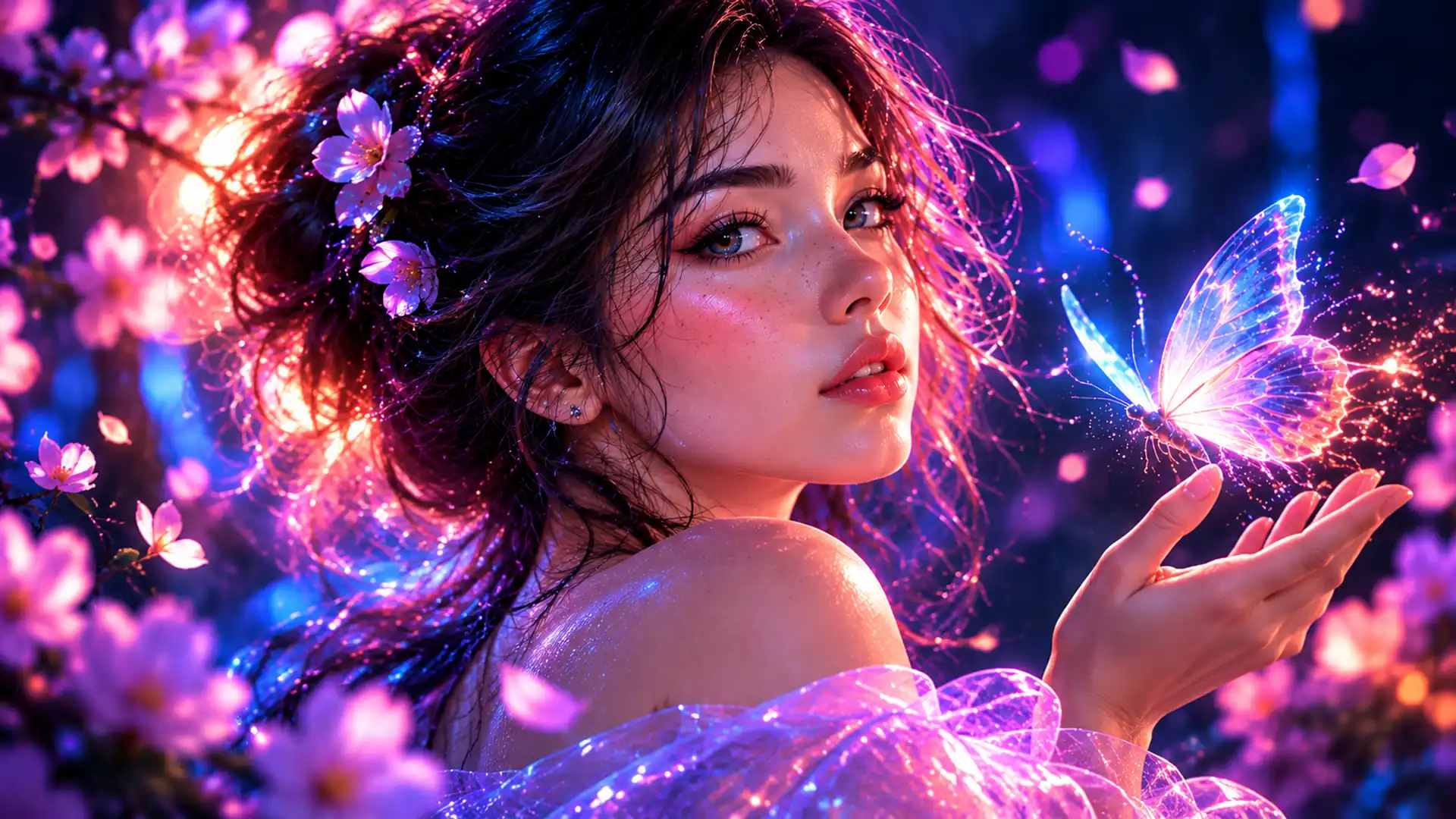 AI portrait: woman with glowing butterfly