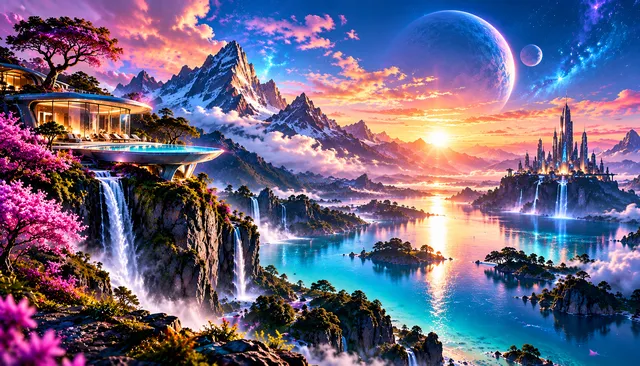 Fantasy AI-generated landscape with waterfalls and mountains